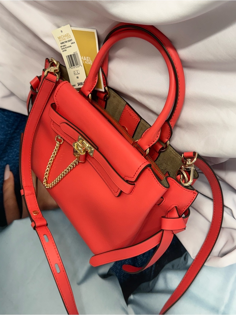 (new+tag) Michael Kors Leather Hamilton Legacy Dahlia Belted Red Pink Satchel - Picture 4 of 16